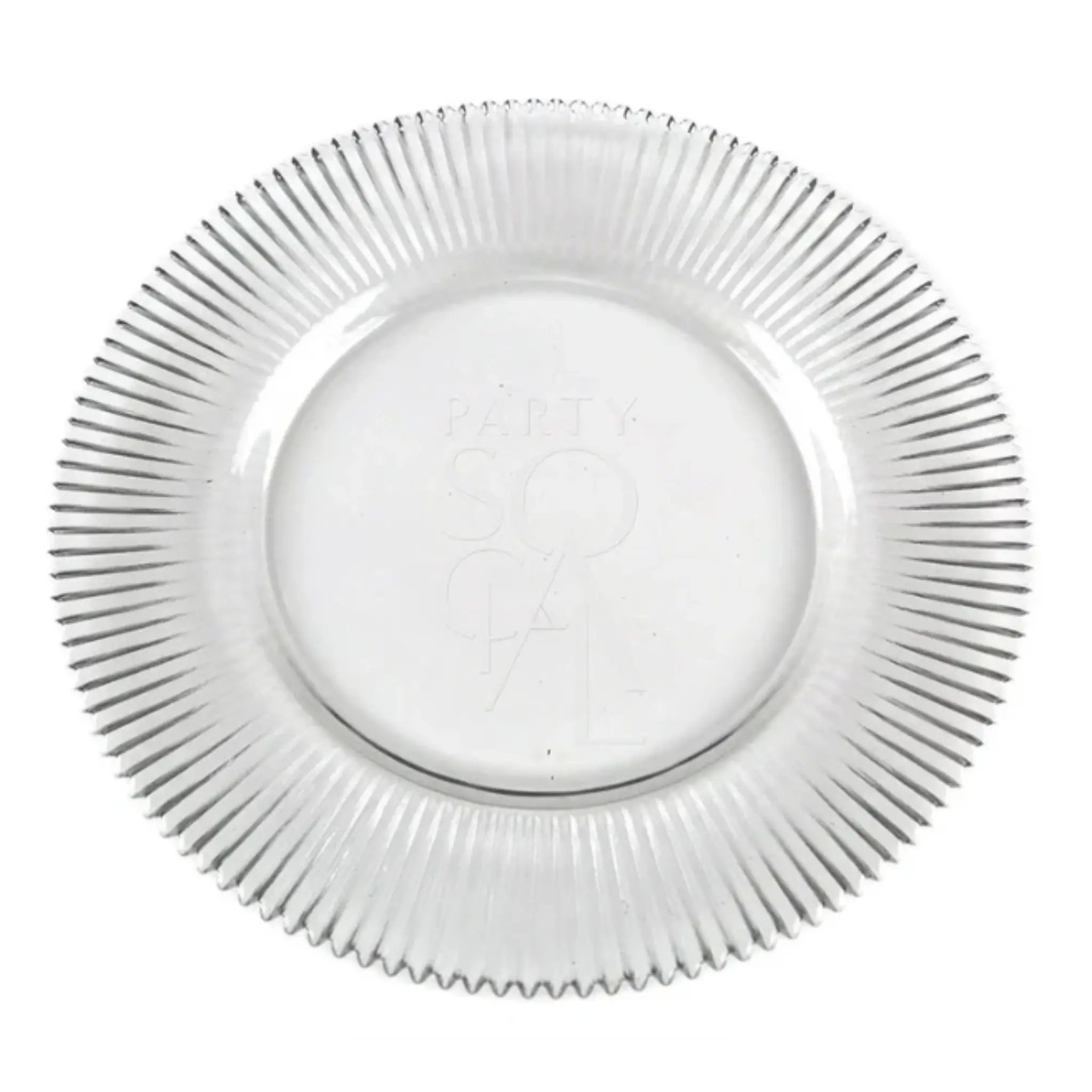 CHARGER PLATE - LINED: Premium white lined glass charger plate that instantly elevates any table setting. Its elegant design and refined finish create a timeless, luxurious look perfect for special occasions and stylish dining