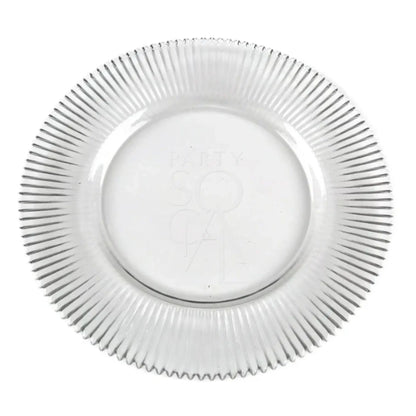 CHARGER PLATE - LINED: Premium white lined glass charger plate that instantly elevates any table setting. Its elegant design and refined finish create a timeless, luxurious look perfect for special occasions and stylish dining
