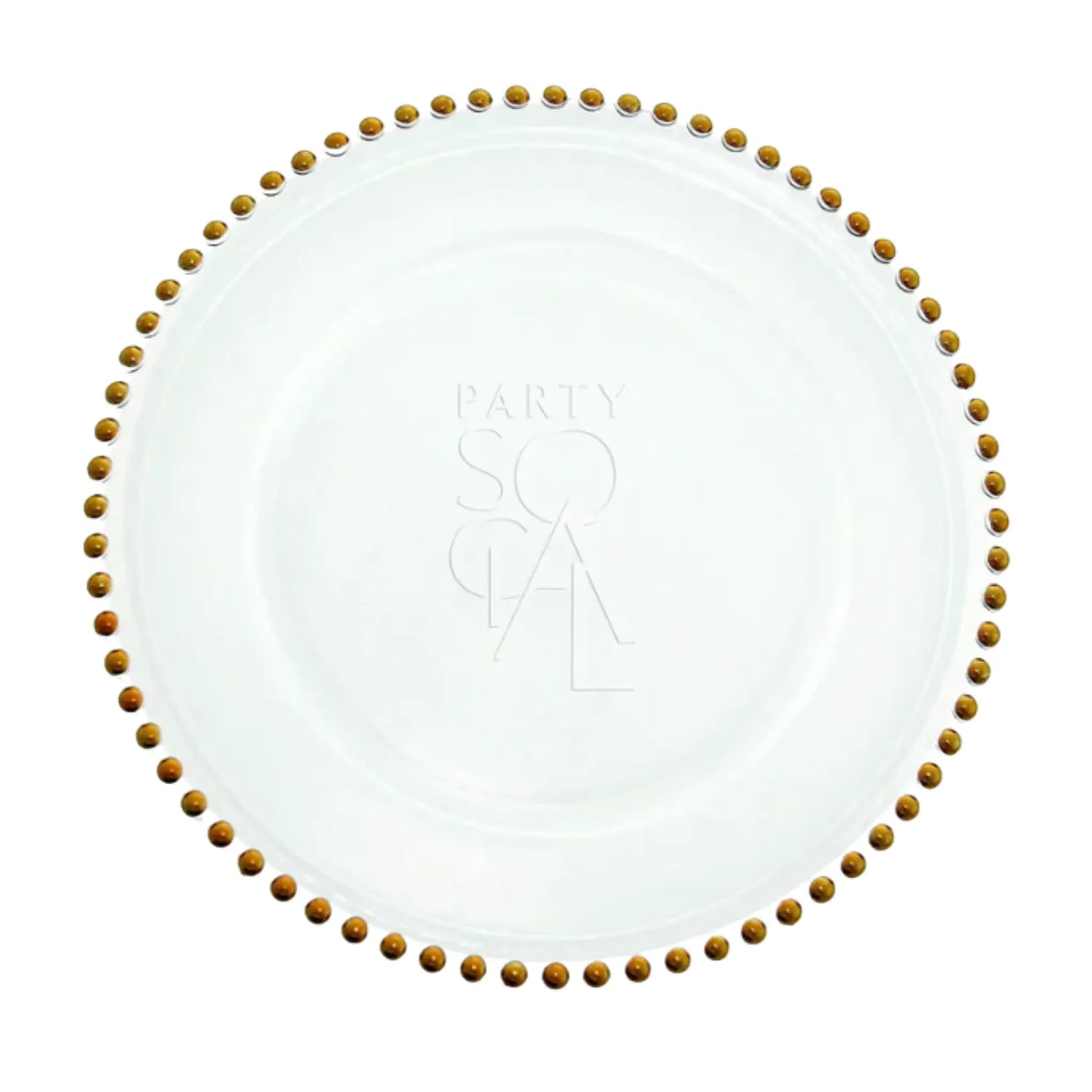 Charger Plate - Beaded: A clear glass plate with gold beaded edge, embossed with PARTY SOCIAL, ideal for elegant dining decor.