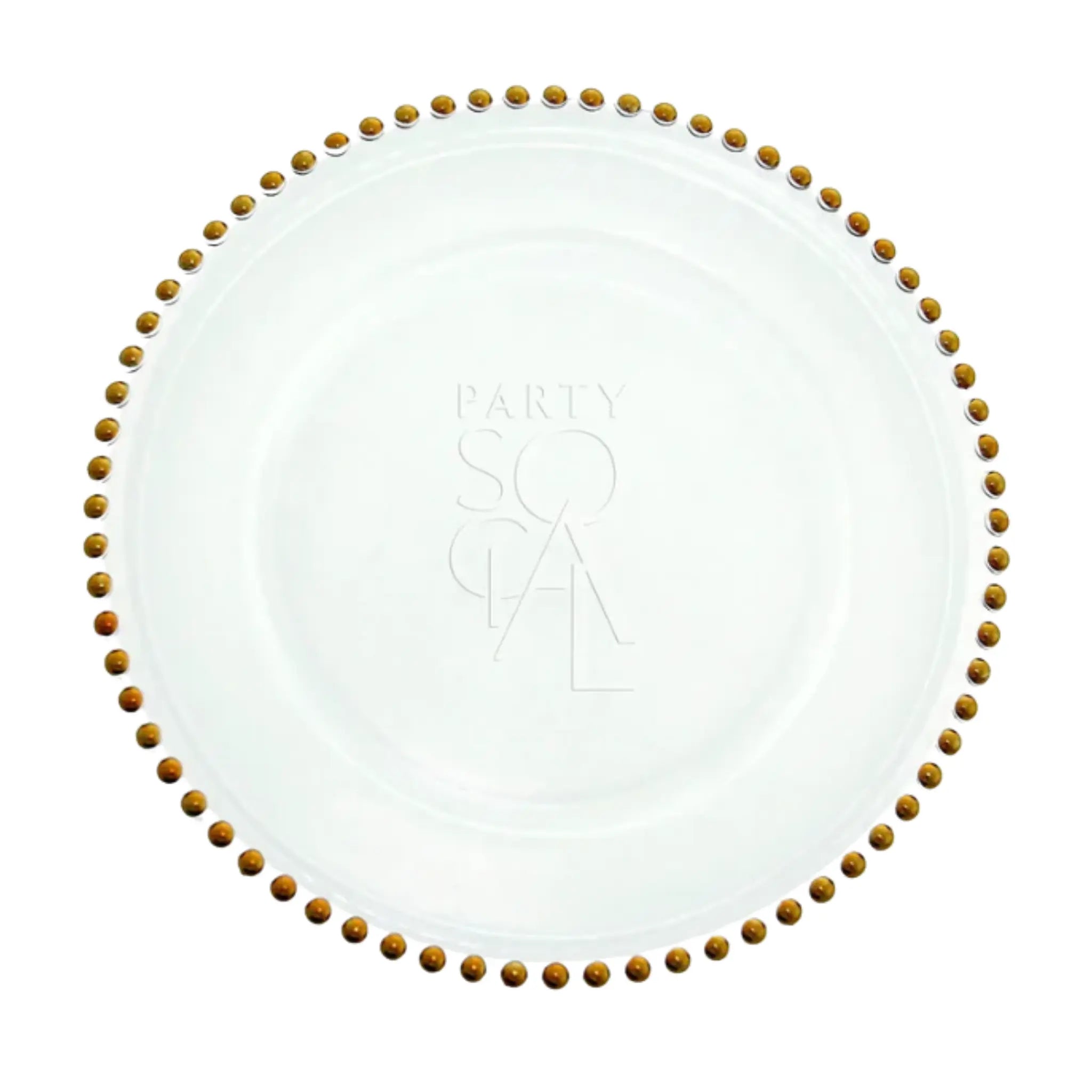 Charger Plate - Beaded: A clear glass plate with gold beaded edge, embossed with PARTY SOCIAL, ideal for elegant dining decor.