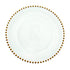 Charger Plate - Beaded: A clear glass plate with gold beaded edge, embossed with PARTY SOCIAL, ideal for elegant dining decor.