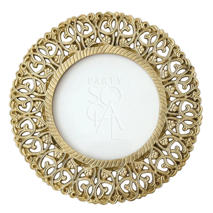 CHARGER PLATE - BRASS with intricate filigree border, perfect for elegant tablescapes at events. Features ornate brass frame, 33cm diameter.
