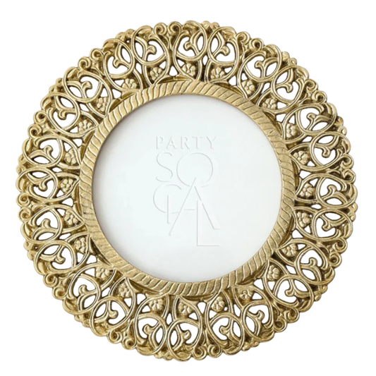CHARGER PLATE - BRASS with intricate filigree border, perfect for elegant tablescapes at events. Features ornate brass frame, 33cm diameter.