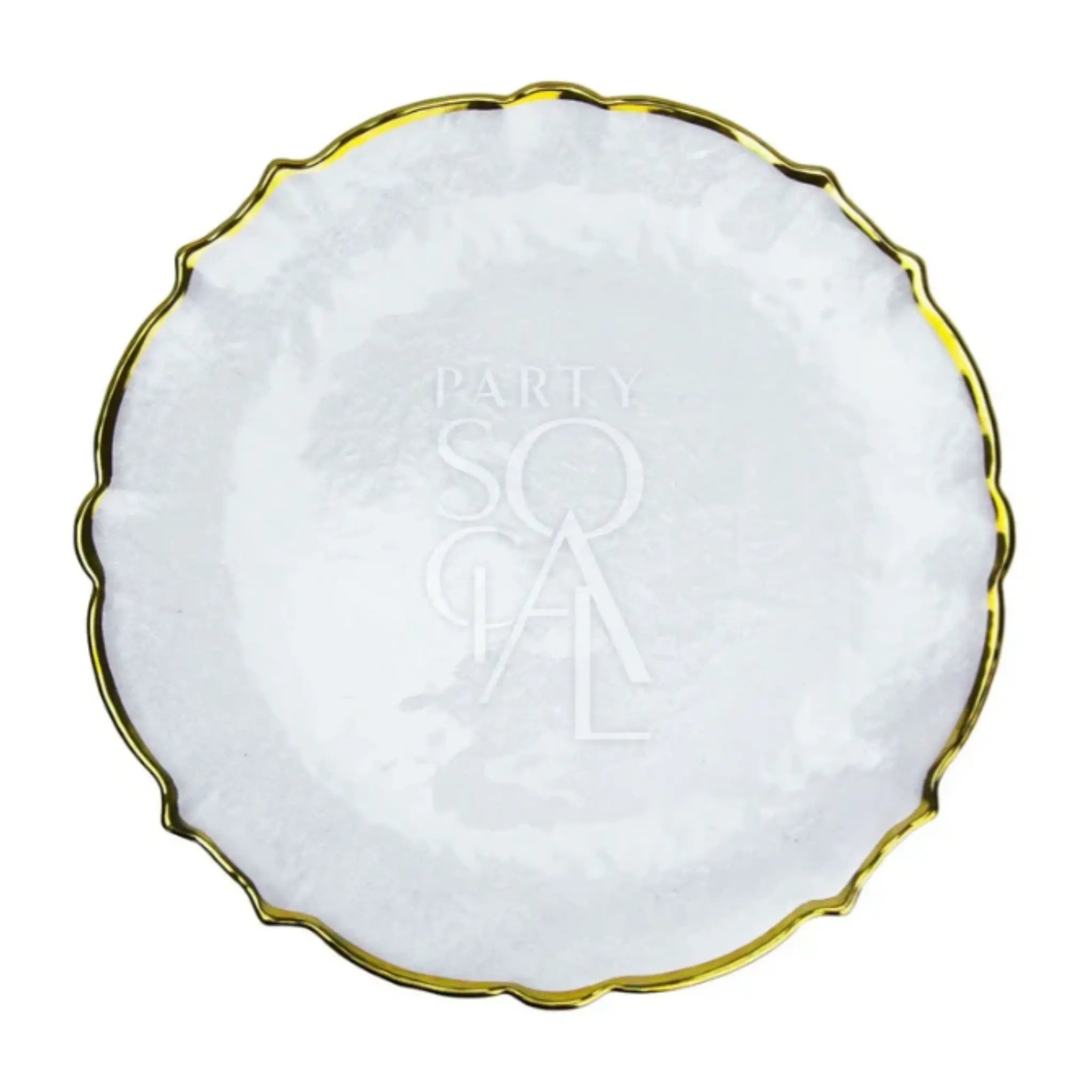 Clear pearl charger plates with a gold rim, designed in a modern style—perfect for elevating any luxurious table setting.