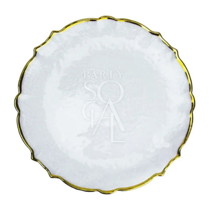 Clear pearl charger plates with a gold rim, designed in a modern style—perfect for elevating any luxurious table setting.