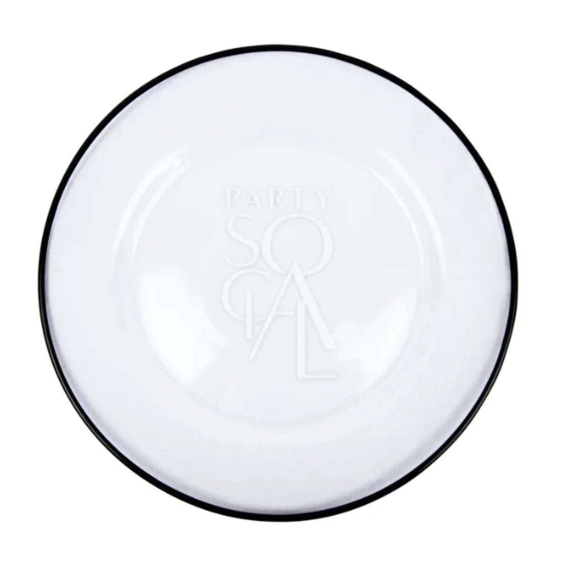 Clear Plate W/Black Rim Collection: Glossy white plate with PARTY SOCIAL embossed, featuring a sleek black rim, perfect for modern, elegant table settings at events.