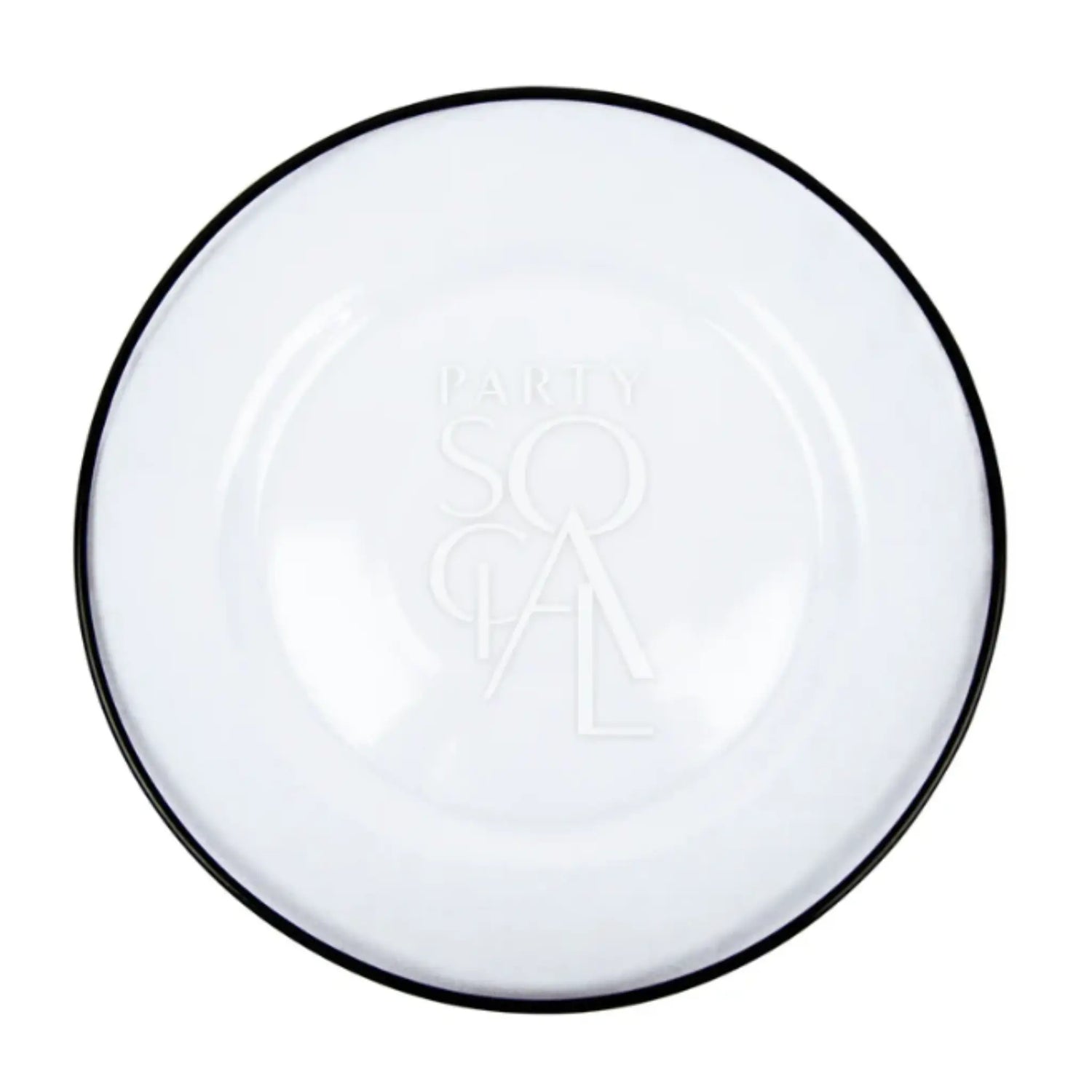 Clear Plate W/Black Rim Collection: Glossy white plate with PARTY SOCIAL embossed, featuring a sleek black rim, perfect for modern, elegant table settings at events.
