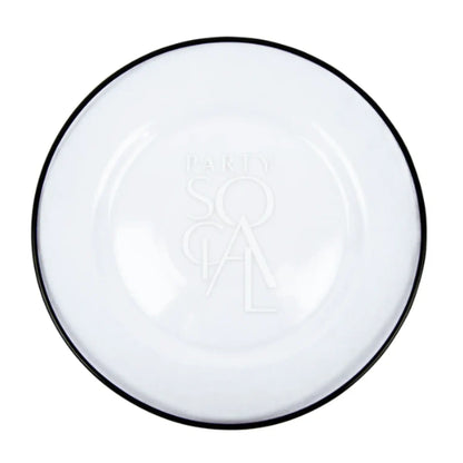 Clear Plate W/Black Rim Collection: Glossy white plate with PARTY SOCIAL embossed, featuring a sleek black rim, perfect for modern, elegant table settings at events.