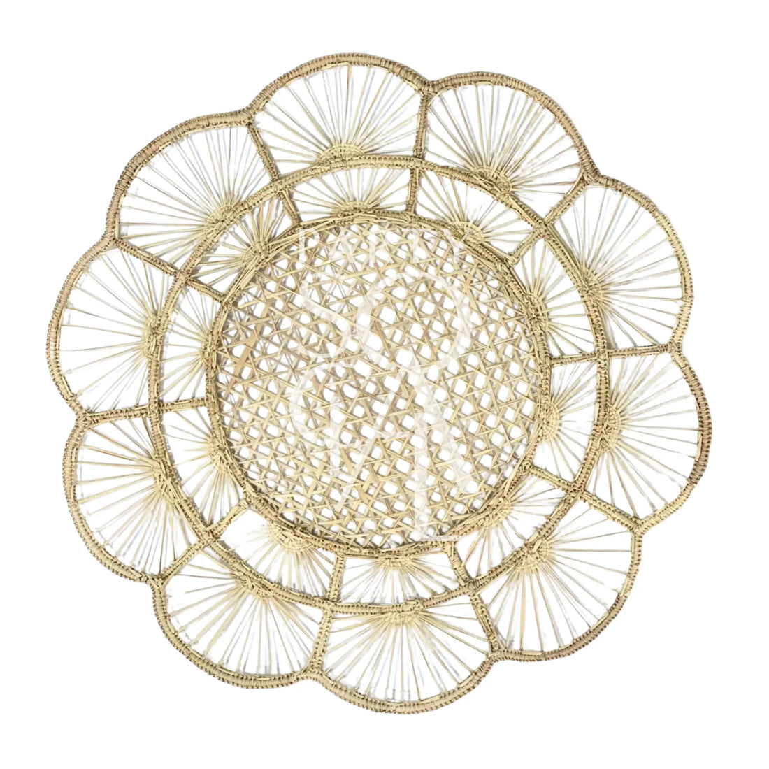 CHARGER PLATE - FLORAL RATTAN WIRE: A round, flower-shaped woven placemat with open lattice center and radiating “petals,” ideal for rustic or boho-themed events.