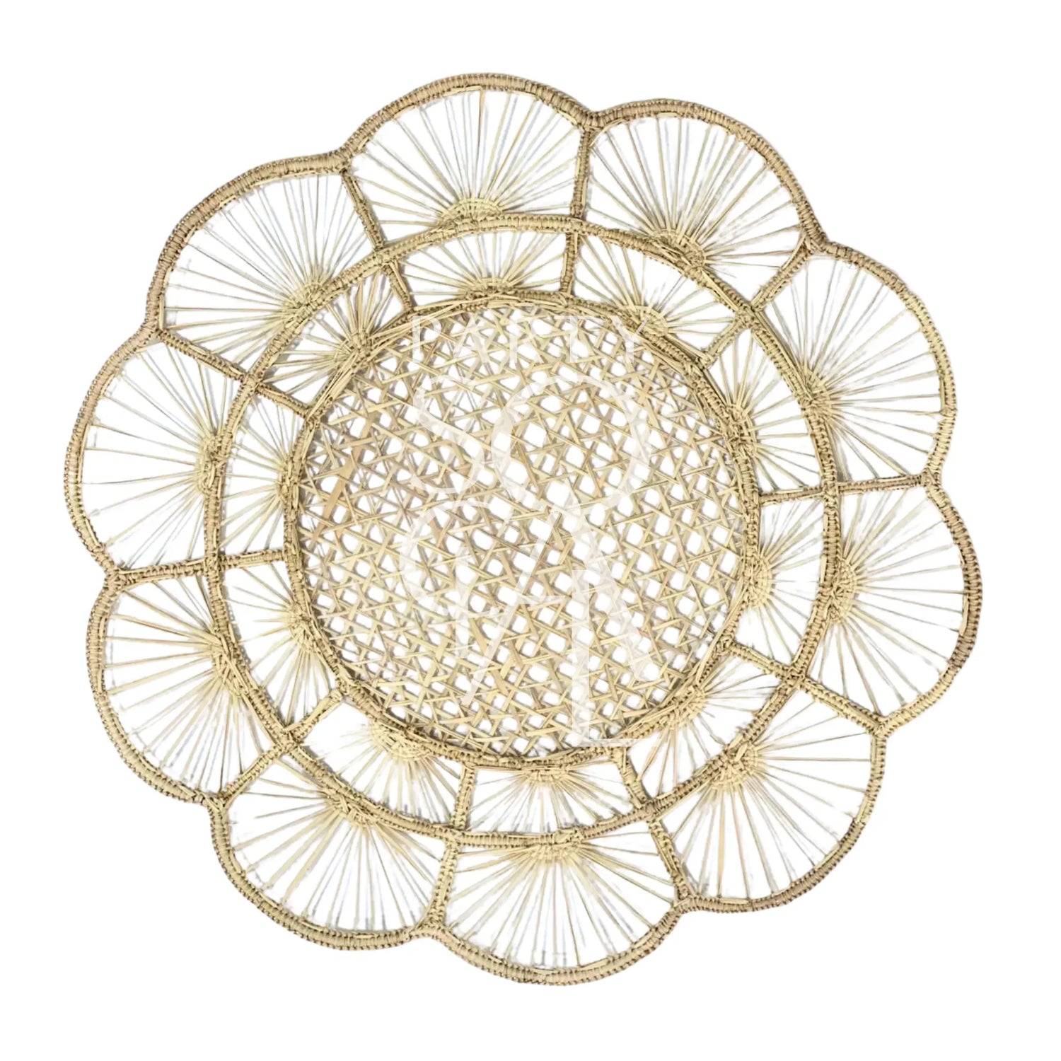 CHARGER PLATE - FLORAL RATTAN WIRE: A round, flower-shaped woven placemat with open lattice center and radiating “petals,” ideal for rustic or boho-themed events.