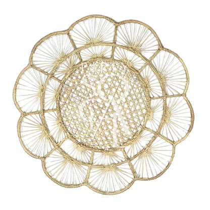 CHARGER PLATE - FLORAL RATTAN WIRE: A round, flower-shaped woven placemat with open lattice center and radiating “petals,” ideal for rustic or boho-themed events.
