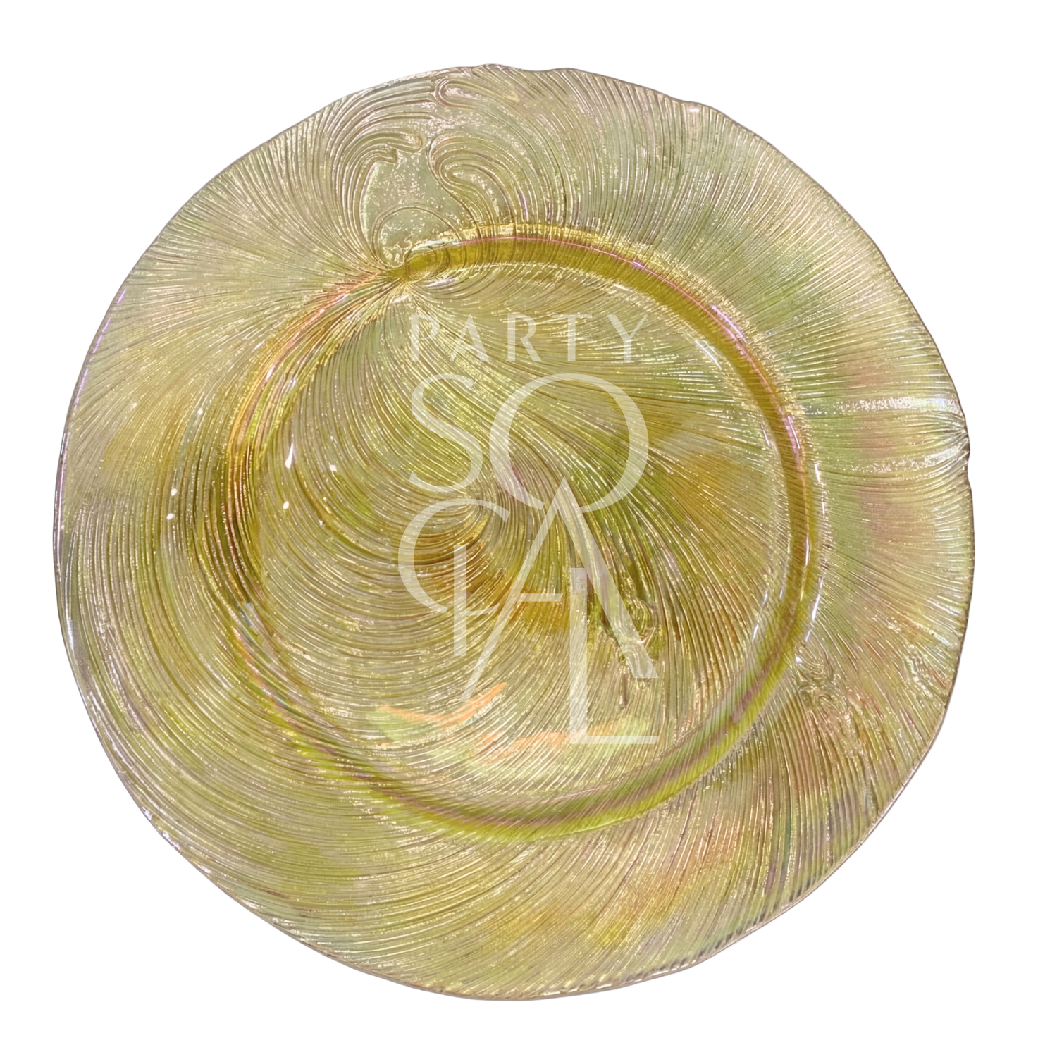 CHARGER PLATE - GOLD SWIRL: A round, iridescent gold charger plate with a textured spiral pattern, perfect for adding elegance to upscale dining settings.