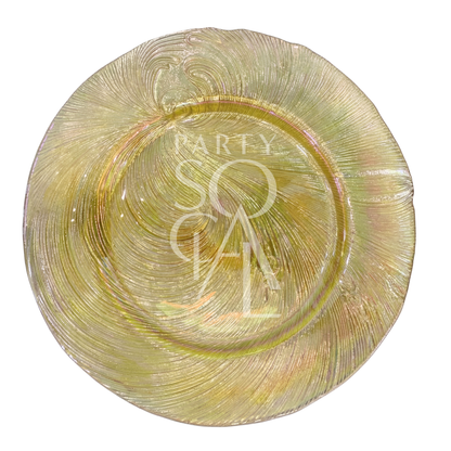 CHARGER PLATE - GOLD SWIRL: A round, iridescent gold charger plate with a textured spiral pattern, perfect for adding elegance to upscale dining settings.