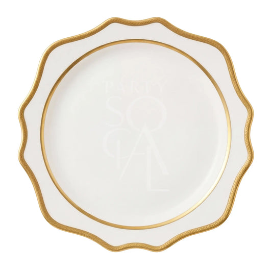 White Lotus Collection charger plate with scalloped edge and gold trim, ideal for elegant dining settings, enhancing any upscale table decor.