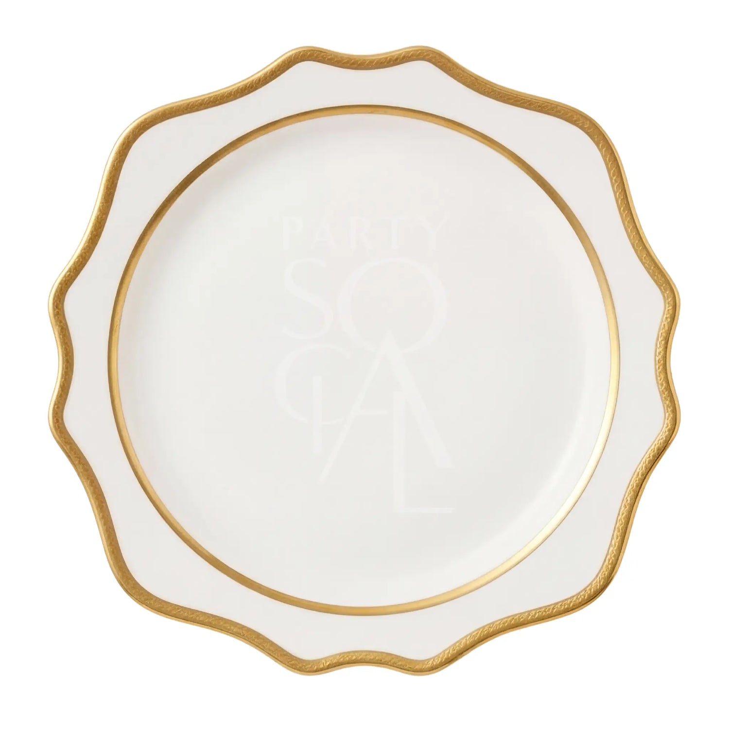 White Lotus Collection charger plate with scalloped edge and gold trim, ideal for elegant dining settings, enhancing any upscale table decor.