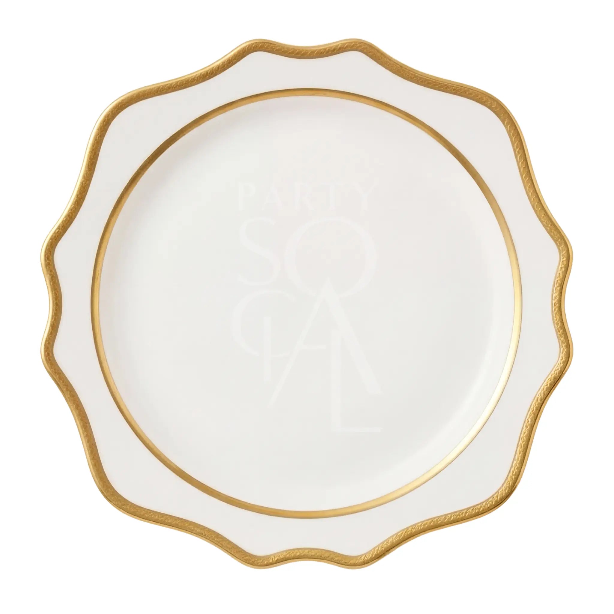 White Lotus Collection charger plate with scalloped edge and gold trim, ideal for elegant dining settings, enhancing any upscale table decor.