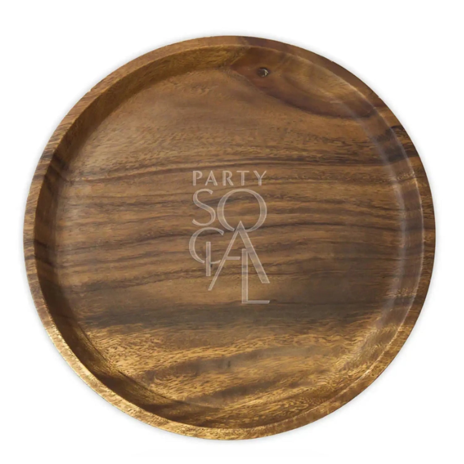 Charger Plate - Natural Wood: A round wooden platter featuring PARTY SO CAL. graphic, ideal for adding rustic elegance to any event table setting.