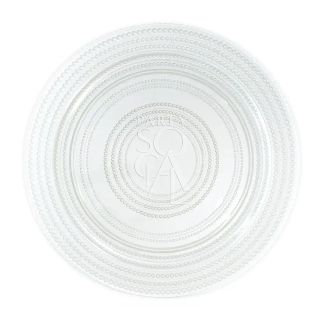 CHARGER PLATE - PEARL: A clear glass serving plate with raised bead patterns in concentric rings, embossed brand logo at the center, ideal for elegant table settings.
