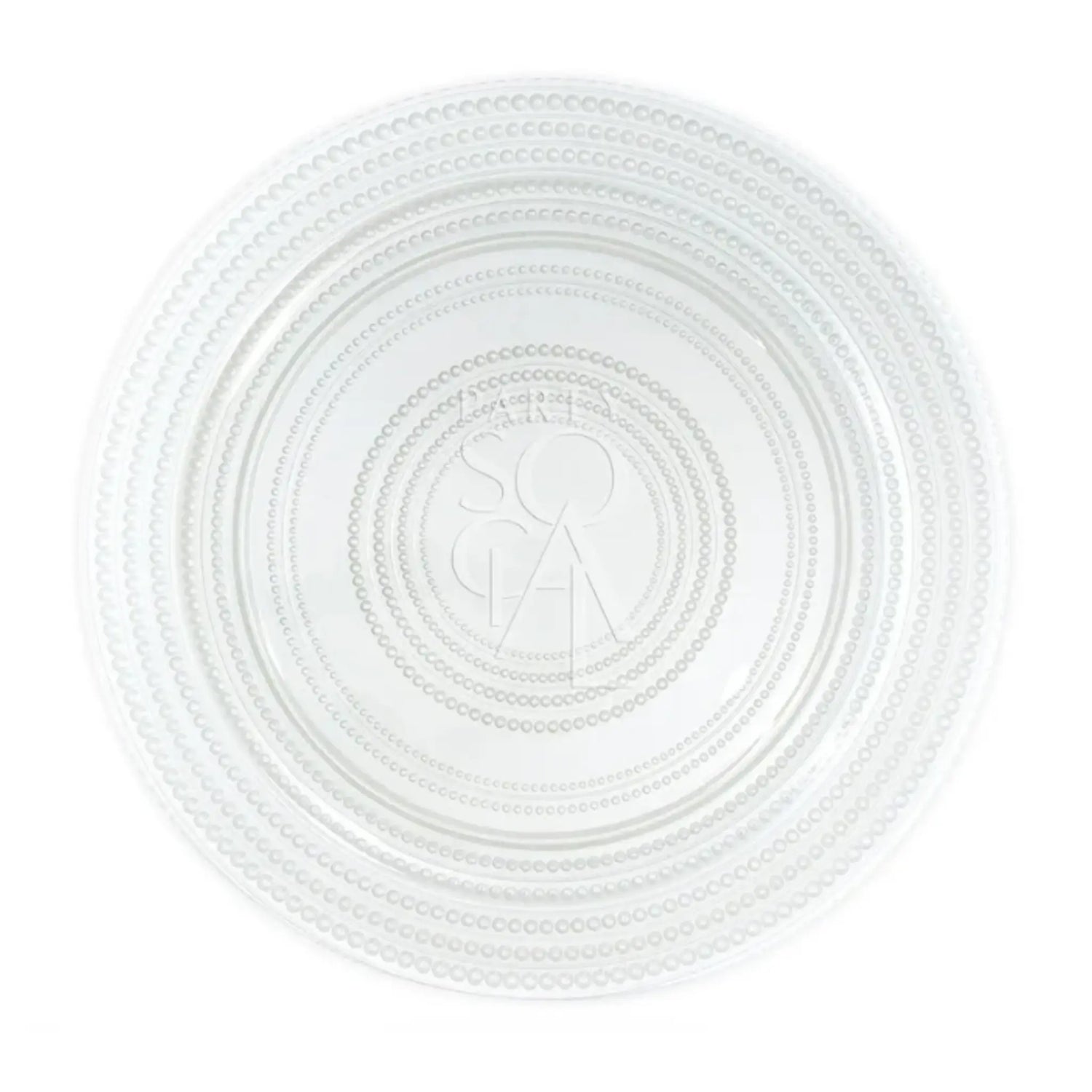 CHARGER PLATE - PEARL: A clear glass serving plate with raised bead patterns in concentric rings, embossed brand logo at the center, ideal for elegant table settings.