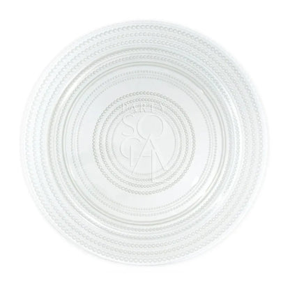 CHARGER PLATE - PEARL: A clear glass serving plate with raised bead patterns in concentric rings, embossed brand logo at the center, ideal for elegant table settings.