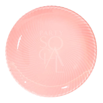 Pink Curve Lined Charger Plate, features a spiral texture and “PARTY SOCIAL” text, ideal for enhancing elegant table settings. Diameter: 30.5cm.