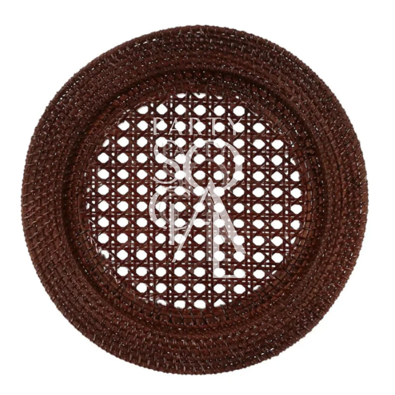 CHARGER PLATE - RATTAN: A round, dark-brown woven charger plate, perfect for adding rustic elegance to indoor or outdoor event table settings.