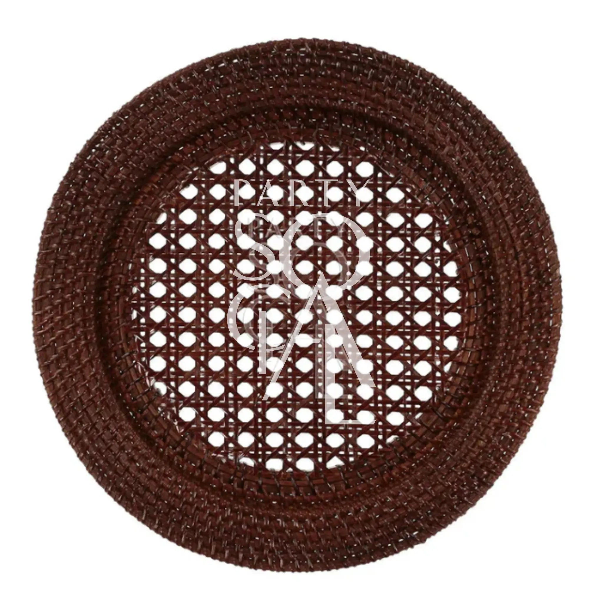 CHARGER PLATE - RATTAN: A round, dark-brown woven charger plate, perfect for adding rustic elegance to indoor or outdoor event table settings.
