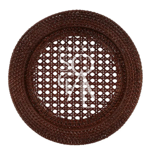 CHARGER PLATE - RATTAN: A round, dark-brown woven charger plate, perfect for adding rustic elegance to indoor or outdoor event table settings.