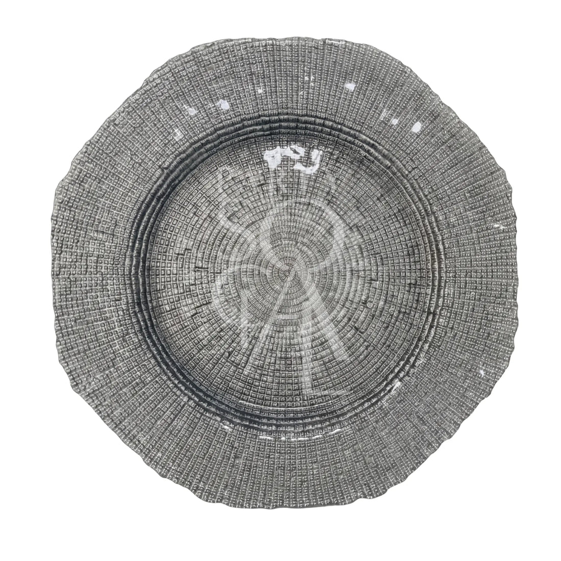 CHARGER PLATE - SILVER GRAIN: A 33cm round decorative plate with a metallic-silver finish and intricate concentric patterns, ideal for elevating elegant table settings.