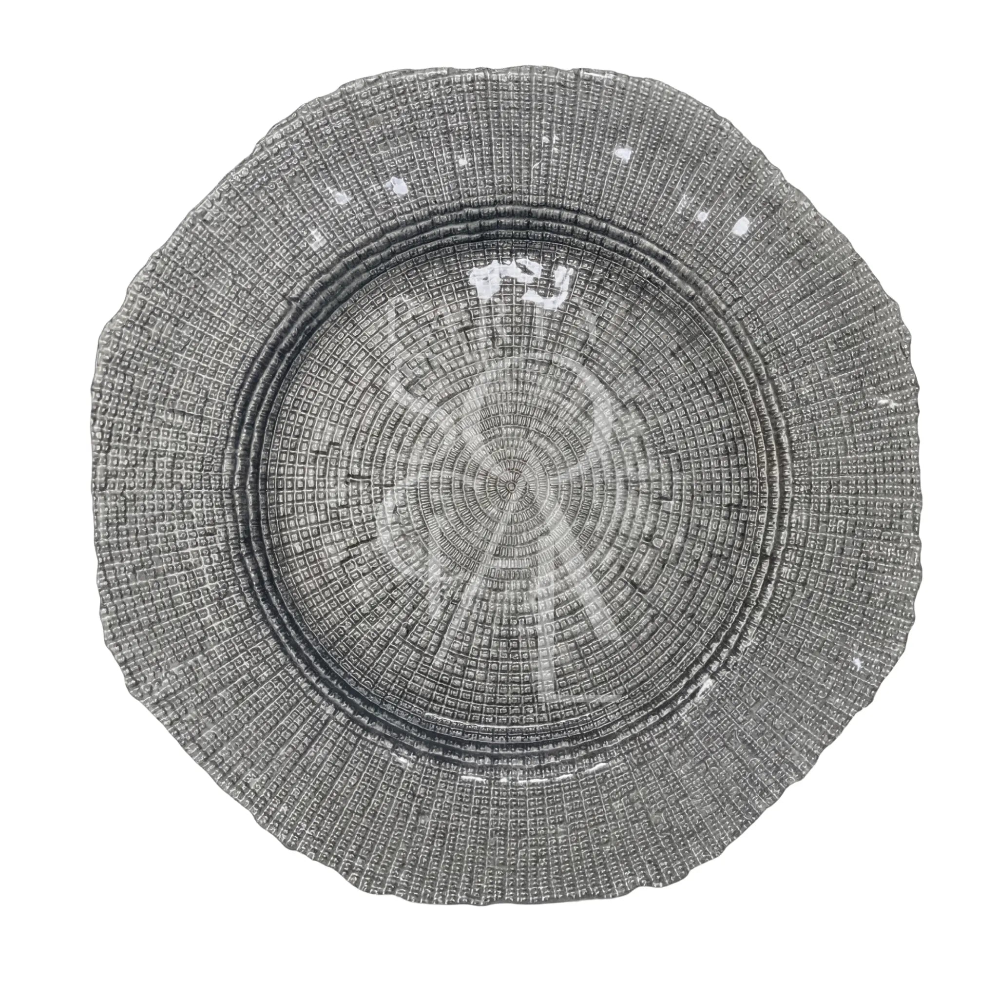 CHARGER PLATE - SILVER GRAIN: A 33cm round decorative plate with a metallic-silver finish and intricate concentric patterns, ideal for elevating elegant table settings.