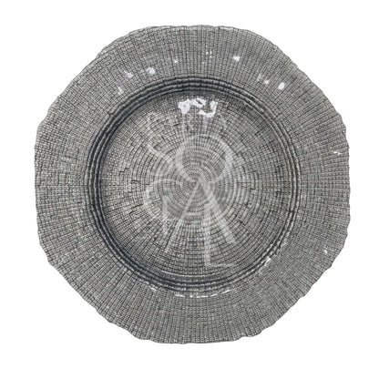 CHARGER PLATE - SILVER GRAIN: A 33cm round decorative plate with a metallic-silver finish and intricate concentric patterns, ideal for elevating elegant table settings.