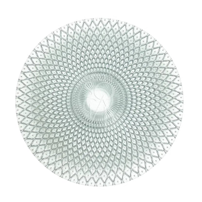 CHARGER PLATE - SILVER PEACOCK: A top-down view of a 33cm round glass plate with a peacock diamond design, perfect for elegant party settings.