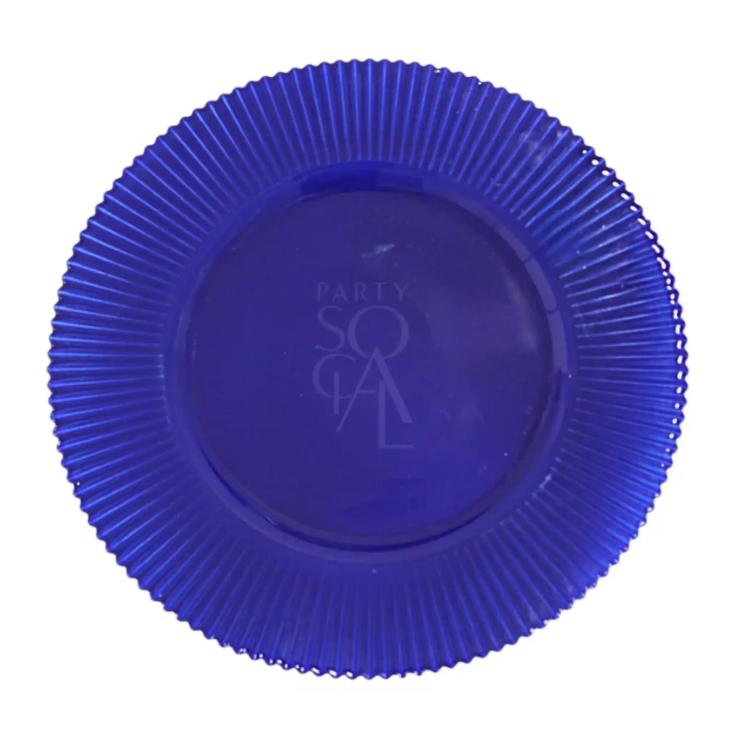 Ultramarine Lined Charger Plate with ribbed rim, smooth center, and faint PARTY SOCIAL text, ideal for elegant table settings at events.