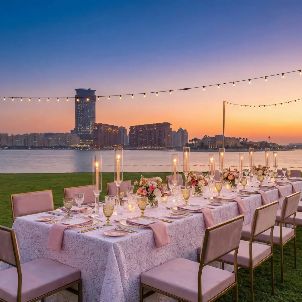 The elegant outdoor table setup features CHARLOTTE CANTILEVER VELVET CHAIR, perfect for stylish events with its modern luxury and feminine design.