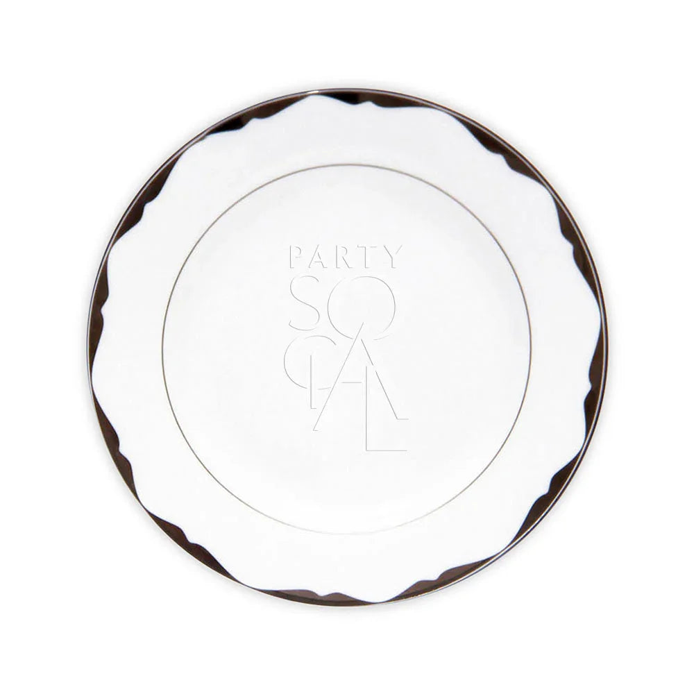CHINA PLATINUM PLATES on a white plate with a brown border, ideal for enhancing elegant party settings with their streamlined design and variety of sizes.