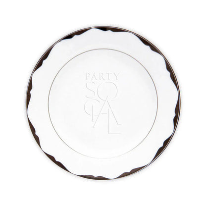 CHINA PLATINUM PLATES on a white plate with a brown border, ideal for enhancing elegant party settings with their streamlined design and variety of sizes.