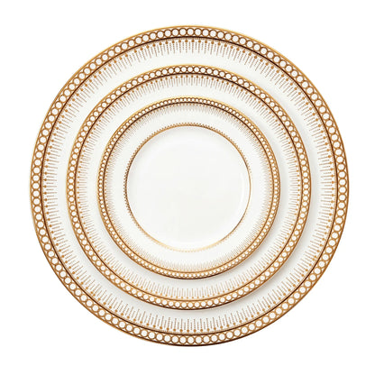 CLASSIC CHINA GOLD PLATES with intricate gold-dot rims, featuring nested charger, dinner, and dessert plates, ideal for premium events and elegant dining settings.