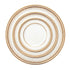 CLASSIC CHINA GOLD PLATES with intricate gold-dot rims, featuring nested charger, dinner, and dessert plates, ideal for premium events and elegant dining settings.