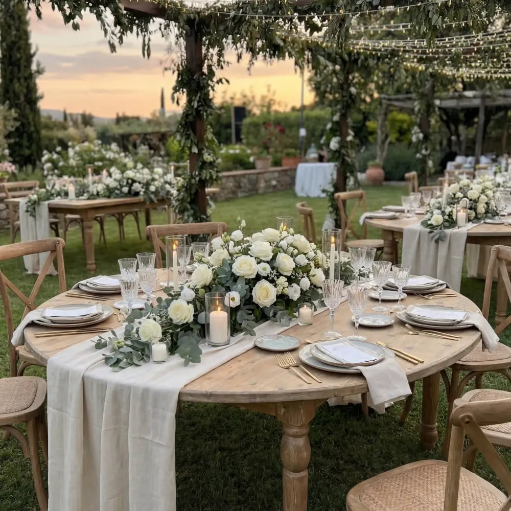 Classic Wood Round Dining Table set for an outdoor event under a pergola. Adorned with a neutral linen runner, floral centerpiece, and gold flatware.