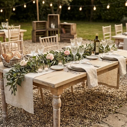 Classic Wood Dining Table with weathered-wood finish, linen runner, greenery garland, crystal glassware, stoneware plates, and votive candles, ideal for outdoor events.