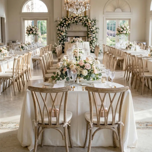 CRISSCROSS CHAIR OAK WOOD in an elegant banquet hall, paired with a table set for a formal event, showcasing crystal glassware and floral centerpieces.