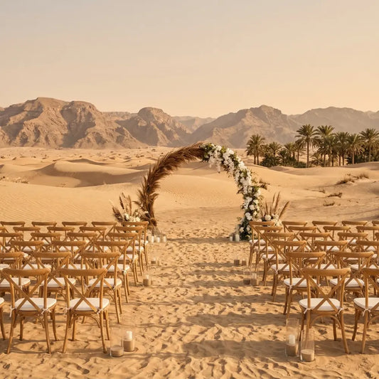 CROSSBACK CHAIR OAK WOOD: Rows of elegant wooden chairs with X back design, enhancing a desert wedding setup with vintage charm and modern elegance.
