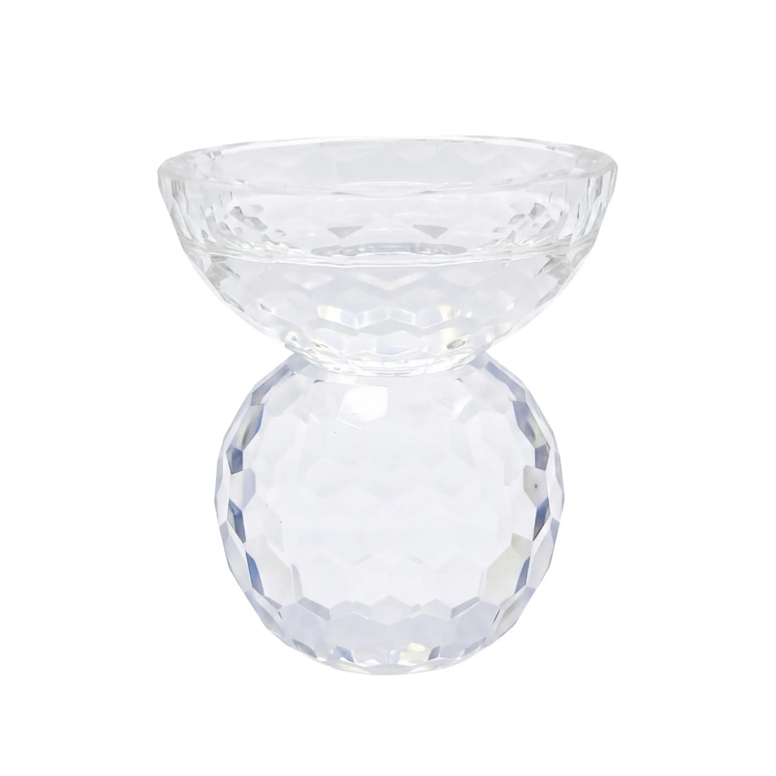 CRYSTAL GLASS CANDLE HOLDER: A faceted glass bowl atop a spherical base, ideal for enhancing elegant table settings with sparkling candlelight at events or parties.