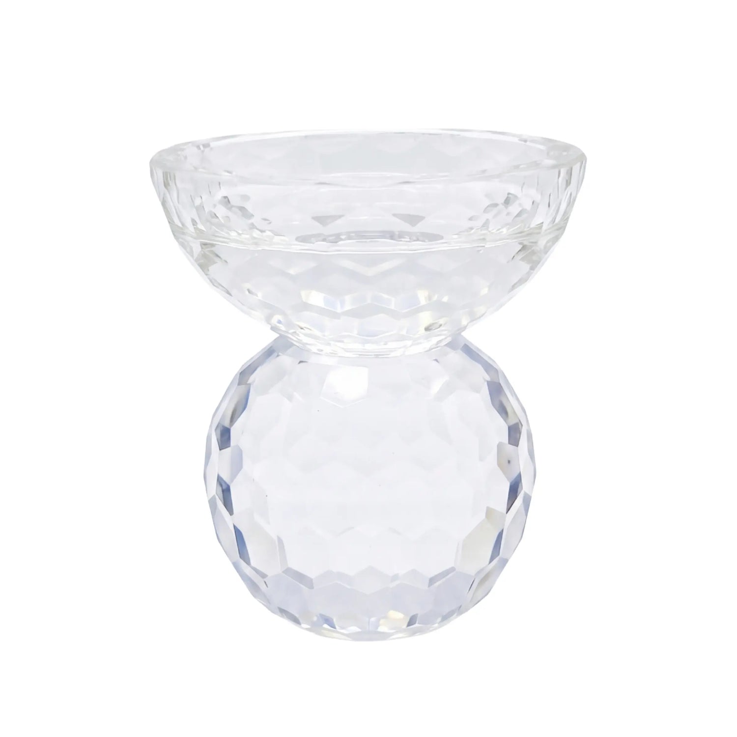 CRYSTAL GLASS CANDLE HOLDER: A faceted glass bowl atop a spherical base, ideal for enhancing elegant table settings with sparkling candlelight at events or parties.