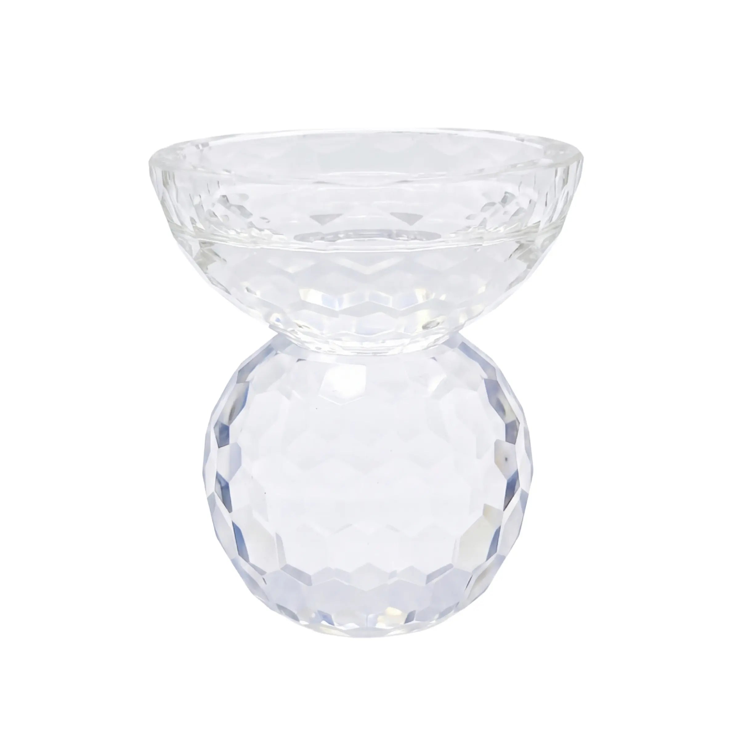 CRYSTAL GLASS CANDLE HOLDER: A faceted glass bowl atop a spherical base, ideal for enhancing elegant table settings with sparkling candlelight at events or parties.