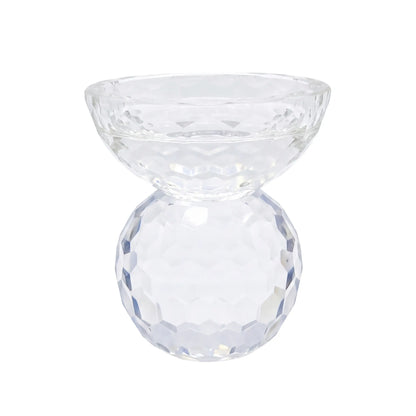 CRYSTAL GLASS CANDLE HOLDER: A faceted glass bowl atop a spherical base, ideal for enhancing elegant table settings with sparkling candlelight at events or parties.