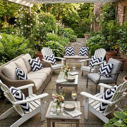 CUSHION BLACK &amp; WHITE CHEVRON adorning outdoor seating, enhancing garden-party vibe with custom satin cushions, perfect for chairs and benches in festive settings.