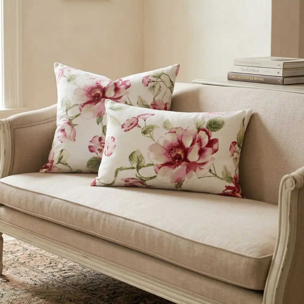 CUSHION WHITE &amp; LARGE PINK FLOWERS on a neutral loveseat with floral throw pillows, emphasizing its ready-to-use feature for enhancing party or event decor.
