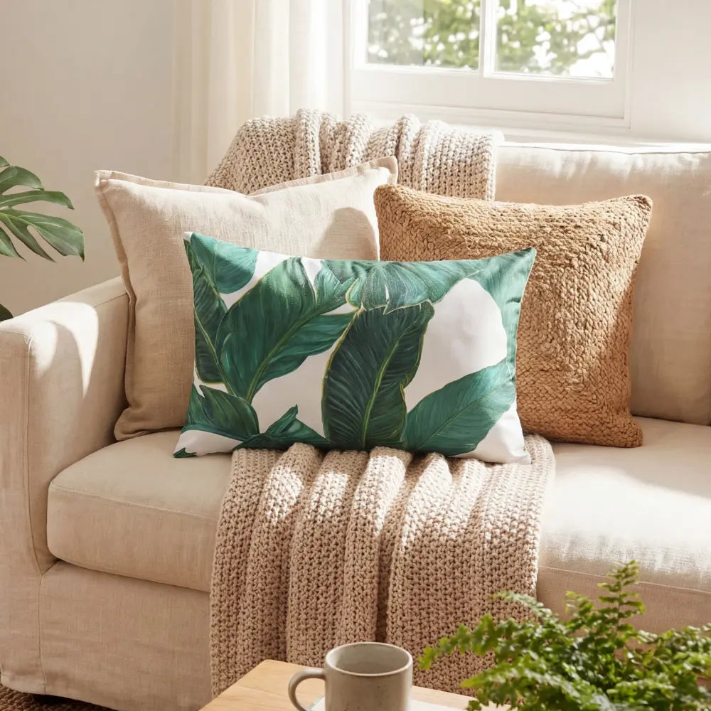 CUSHION WHITE WITH BANANA LEAVES PRINT on a light-beige sofa, perfect for events, complements a cozy setting with decorative pillows and a knit throw.