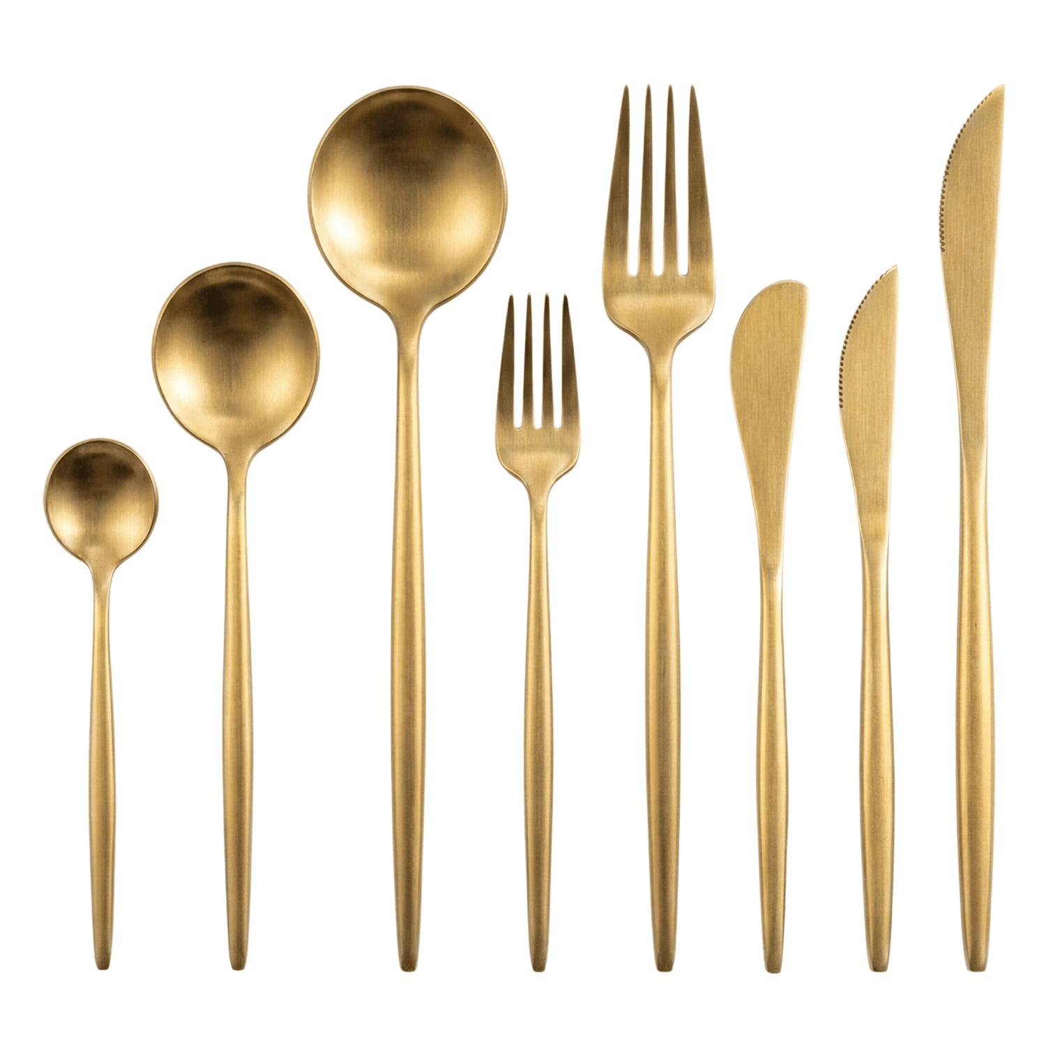 CUTLERY MODERN GOLD set featuring elegant gold flatware, including spoons, forks, and knives, perfect for enhancing sophisticated dining experiences.